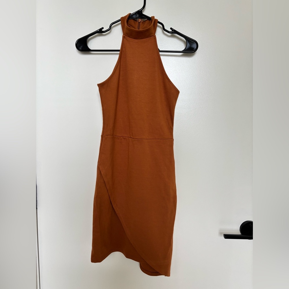 NWT Asymmetrical Rust Orange Brown Halter Dress - size small